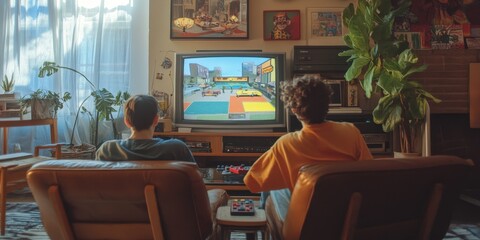 Friends sitting in a living room, playing video games on a classic console with wired controllers, surrounded by 90s-style furniture 