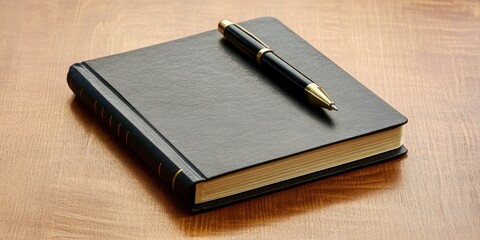 Minimalist workspace with a single notebook and pen on a clean desk, framed by open negative space for added emphasis 