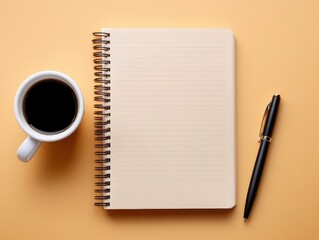 Minimalist workspace with a single notebook and pen on a clean desk, framed by open negative space for added emphasis 