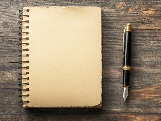 Minimalist workspace with a single notebook and pen on a clean desk, framed by open negative space for added emphasis 