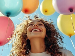 photo Close-up of a joyful face looking up at the sky as colorful balloons float away, reflecting bright sunlight and creating a sense of carefree wonder 