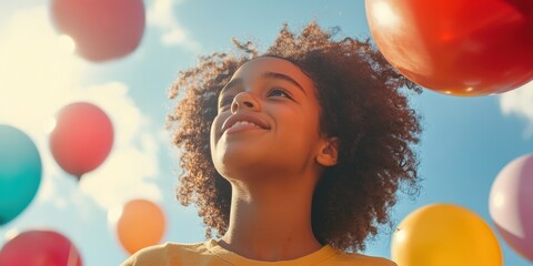 photo Close-up of a joyful face looking up at the sky as colorful balloons float away, reflecting bright sunlight and creating a sense of carefree wonder 