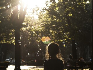 photo A young girl blowing bubbles in a sun-drenched park, the bubbles reflecting the light and creating a magical, shimmering effect in the air