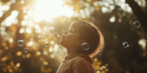 photo A young girl blowing bubbles in a sun-drenched park, the bubbles reflecting the light and creating a magical, shimmering effect in the air