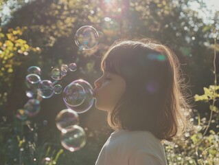 photo A young girl blowing bubbles in a sun-drenched park, the bubbles reflecting the light and creating a magical, shimmering effect in the air