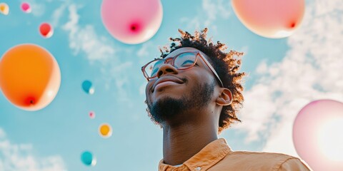 photo Close-up of a joyful face looking up at the sky as colorful balloons float away, reflecting bright sunlight and creating a sense of carefree wonder 