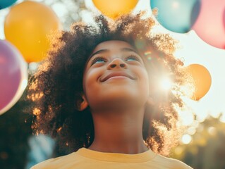 photo Close-up of a joyful face looking up at the sky as colorful balloons float away, reflecting bright sunlight and creating a sense of carefree wonder 