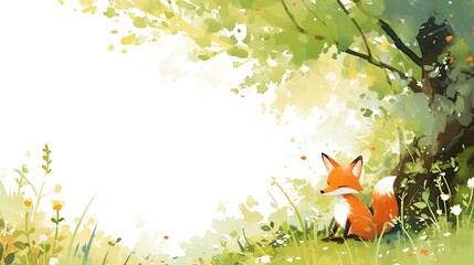 A tranquil forest clearing with vibrant greenery and a curious fox observing its surroundings during early morning light in a serene setting