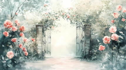 Delicate watercolor illustration of a whimsical garden gate entwined with lush roses in soft, pastel hues, evoking a sense of serene elegance and romantic charm. Fantasy Pastel. Illustration