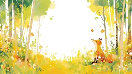 A tranquil forest clearing with vibrant greenery and a curious fox observing its surroundings during early morning light in a serene setting