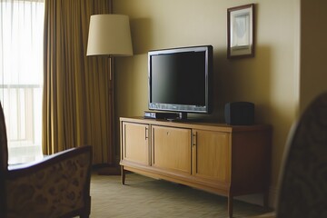 Fototapeta premium Modern living room with TV and wooden cabinet. Concept of home entertainment and relaxation.