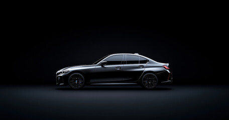 A black car is parked in front of a dark background. The car is sleek and shiny, with its headlights on. Scene is elegant and sophisticated, as the car is a symbol of luxury and style