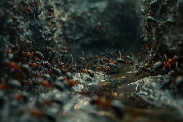 A colony of red ants effortlessly navigates through a rocky underground tunnel illuminated by a natural light source during the day