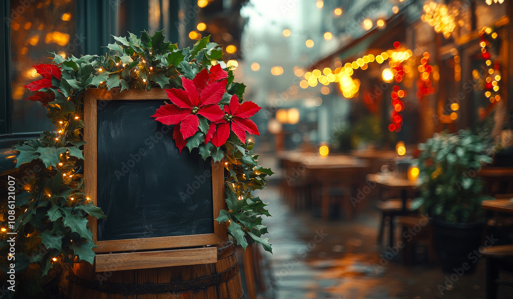 Poster a blackboard with red flowers on it is placed on a barrel. the scene is set in a restaurant with tab