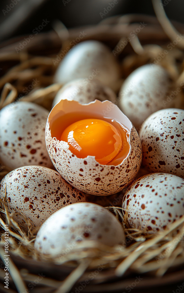 Poster a basket of eggs with one egg missing. the eggs are speckled and the one that is missing is yellow