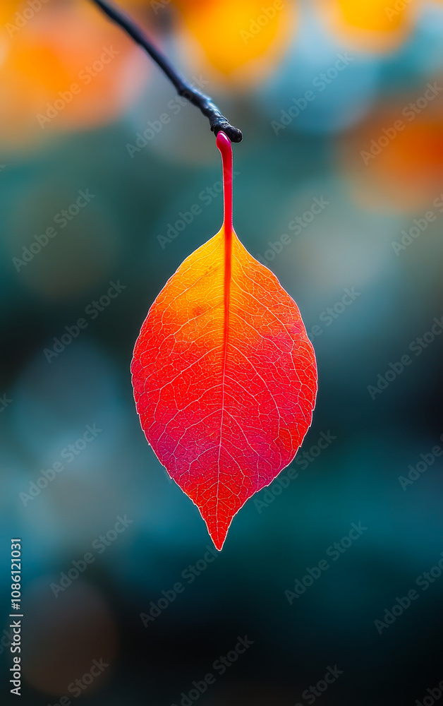 Poster a leaf with a red stem is hanging from a branch. the leaf is red and orange, and it is the only thin