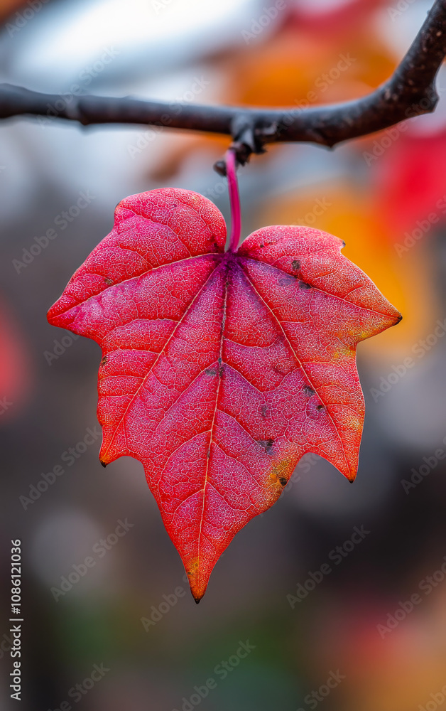 Poster a leaf is hanging from a branch and is covered in a fine layer of frost. the leaf is red and has a s
