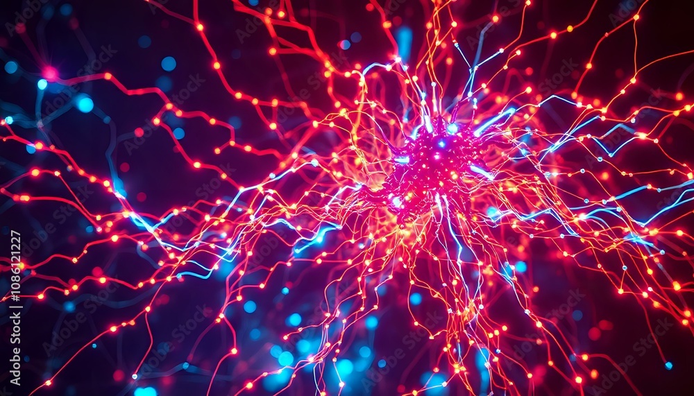 Poster neon cyberpunk data visualization - interconnected nodes in red & blue