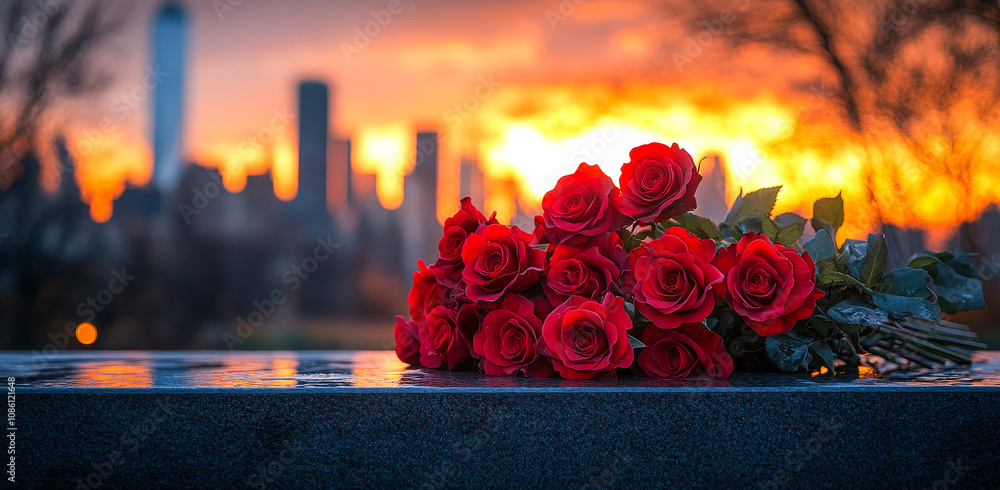 Poster a bouquet of red roses is placed on a stone ledge in front of a city skyline. the roses are arranged