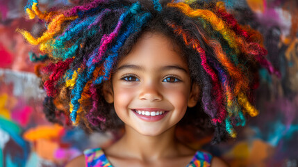 A young girl with colorful hair is smiling and looking at the camera. The image has a fun and playful mood, as the girl's colorful hair and bright smile convey a sense of joy and happiness
