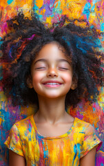 Fototapeta premium A young girl with colorful hair is smiling and looking at the camera. She is wearing a yellow shirt and is laying down on a colorful background. Scene is cheerful and happy