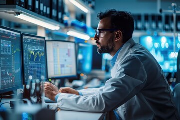 Scientist analyzing complex data on multiple computer screens in a high-tech lab during evening hours with a focus on research and innovation