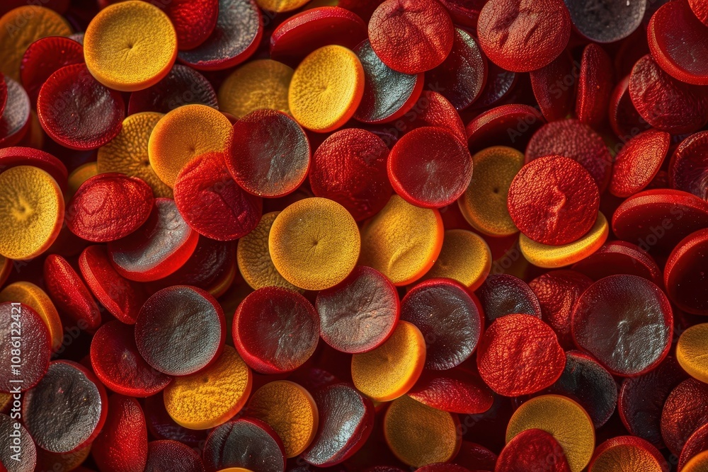 Poster Colorful close-up view of red blood cells displaying various shapes and sizes, highlighting their unique textures and colors under high magnification in a scientific context