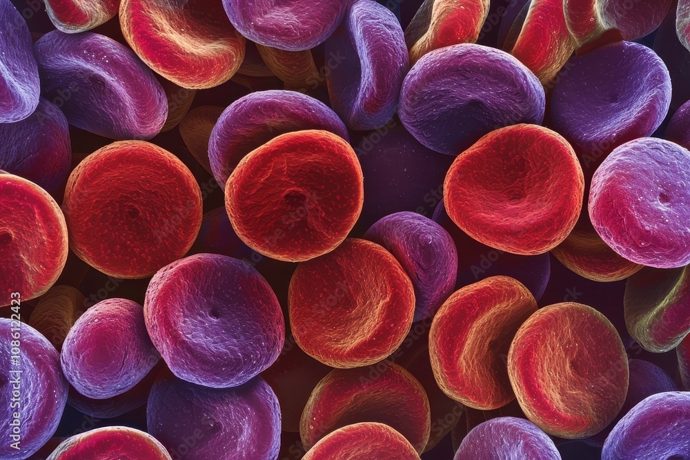 Poster Colorful close-up view of red blood cells displaying various shapes and sizes, highlighting their unique textures and colors under high magnification in a scientific context