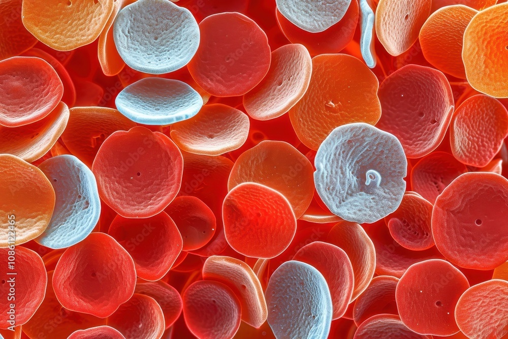 Poster Colorful close-up view of red blood cells displaying various shapes and sizes, highlighting their unique textures and colors under high magnification in a scientific context