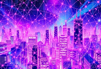 Obraz premium Futuristic Neon Cityscape at Night - Vaporwave Cyberpunk Art