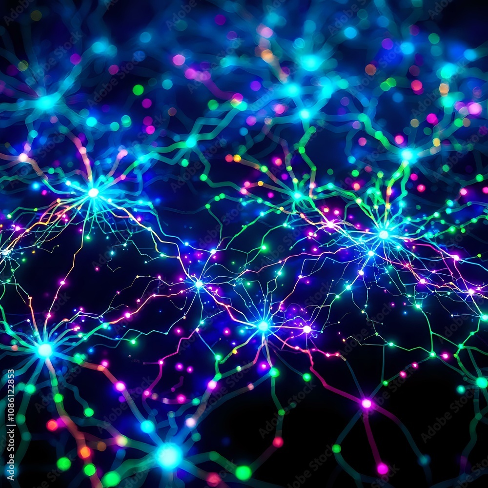 Poster neon cyberpunk data flow - bioluminescent neural network