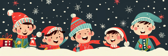 Playful children celebrating Christmas with joyful designs and festive attire in winter. Banner