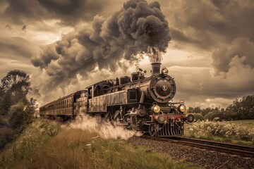 Naklejka premium Classic steam locomotive traveling through a scenic countryside with dramatic clouds, creating a nostalgic atmosphere in the early evening