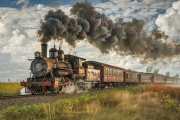 Fototapeta premium Classic steam locomotive traveling through a scenic countryside with dramatic clouds, creating a nostalgic atmosphere in the early evening