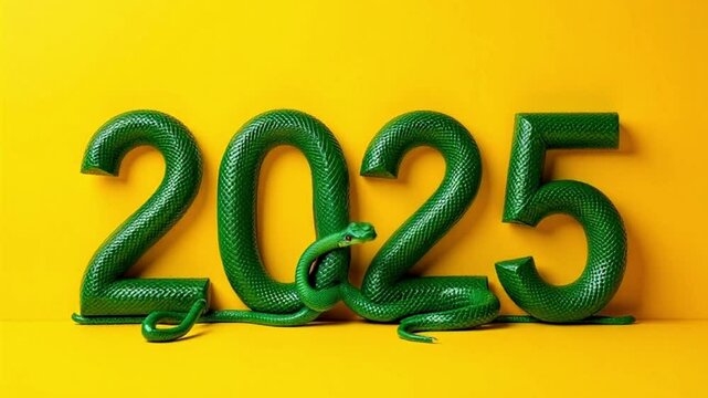 New Year 2025 made of green snake on yellow background