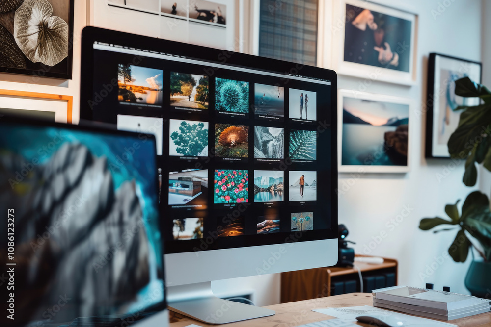 Aufkleber Art display featuring diverse prints in a creative studio environment with natural light illuminating the space and artwork during the day