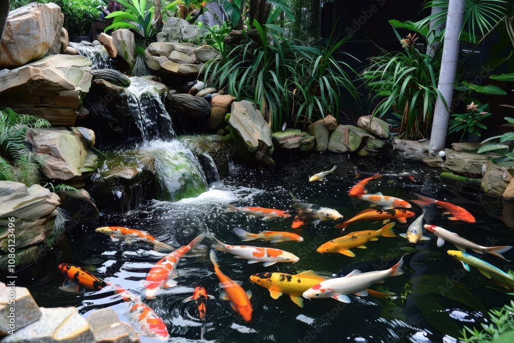 Aufkleber a serene koi pond with colorful fish swimming near a small waterfall surrounded by lush greenery in 