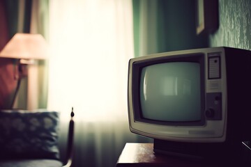 Vintage TV in a cozy room. Concept of nostalgia, retro, and old fashioned entertainment.