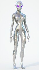 Glowing Alien Female Character in Stylish Bodysuit on Isolated White Background - Ultra-Detailed 3D Render with Intricate Tattoos and Violet Eyes