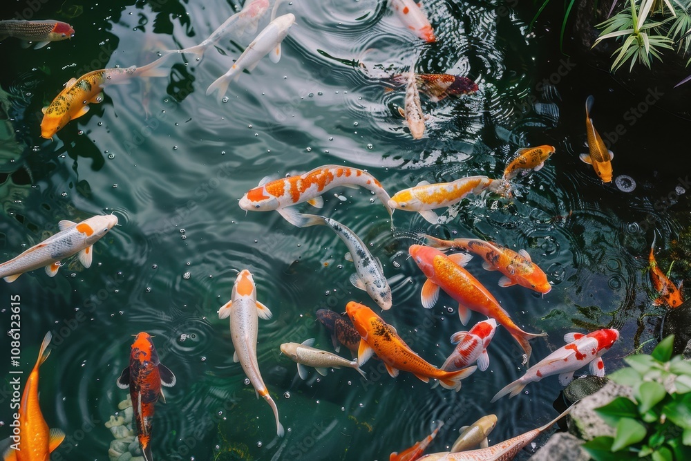 Aufkleber a serene koi pond with colorful fish swimming near a small waterfall surrounded by lush greenery in 