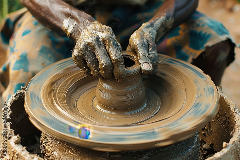 Poster crafting a beautiful pottery piece at a local studio during the afternoon with skilled hands shaping