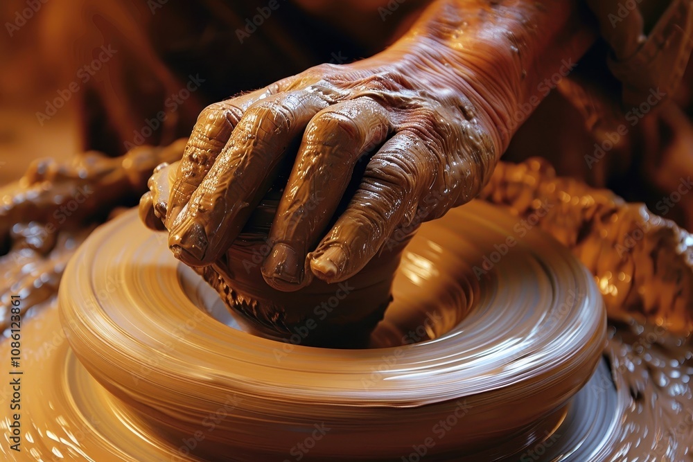 Poster crafting a beautiful pottery piece at a local studio during the afternoon with skilled hands shaping