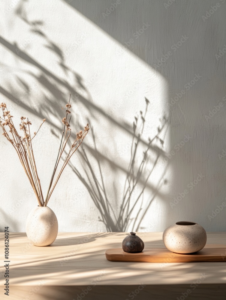 Poster dried flowers in vases create an elegant arrangement, projecting beautiful shadows on a light wall i