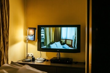 Fototapeta premium Television screen showing bedroom interior. Home entertainment concept.