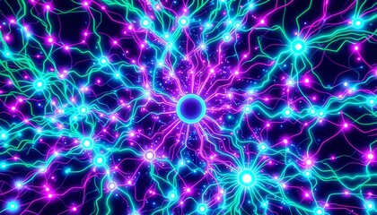 Obraz premium Neon Cyberpunk Data Visualization - Glowing Circles & Lines on Dark Background