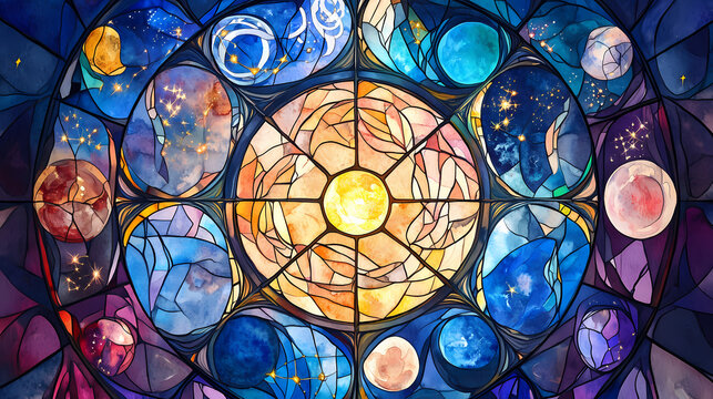 Watercolor painting of a celestial stained glass rose window featuring the zodiac signs and celestial bodies, on isolated white background, generative ai. Celestial Gothic. Illustration