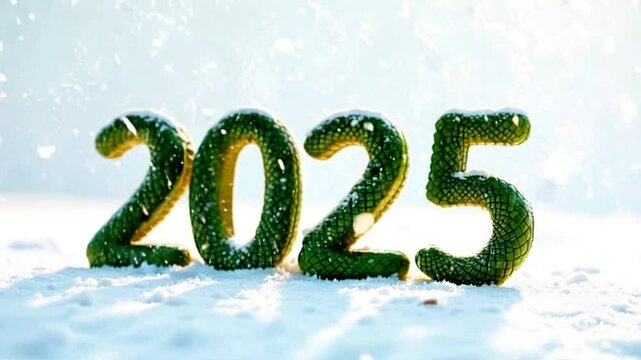New Year 2025 made of snake green skin on snow background