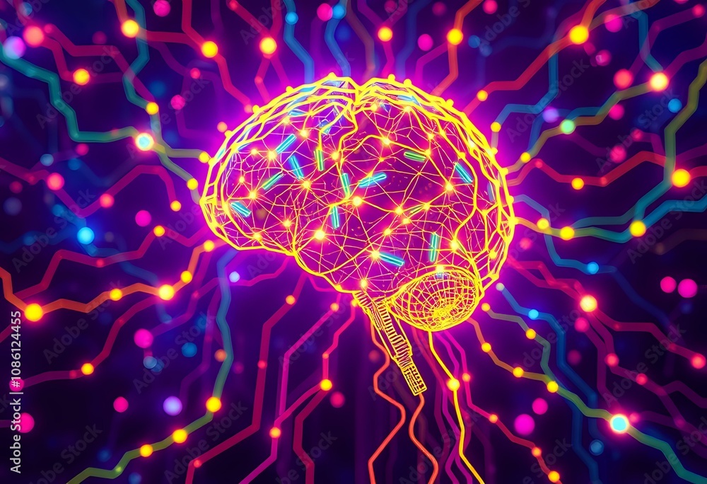 Poster neon cyberpunk brain network artwork - glowing data visualization