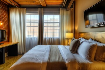 Fototapeta premium Modern Industrial Hotel Room with Large Windows. Concept of Comfort, Style, and Relaxation.