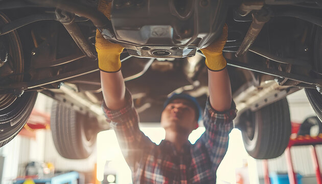 Male car mechanic worker working using wrench tool for repair, maintenance underneath car. Mechanic vehicle service checking under car in garage. Auto car repair service, maintenance concept